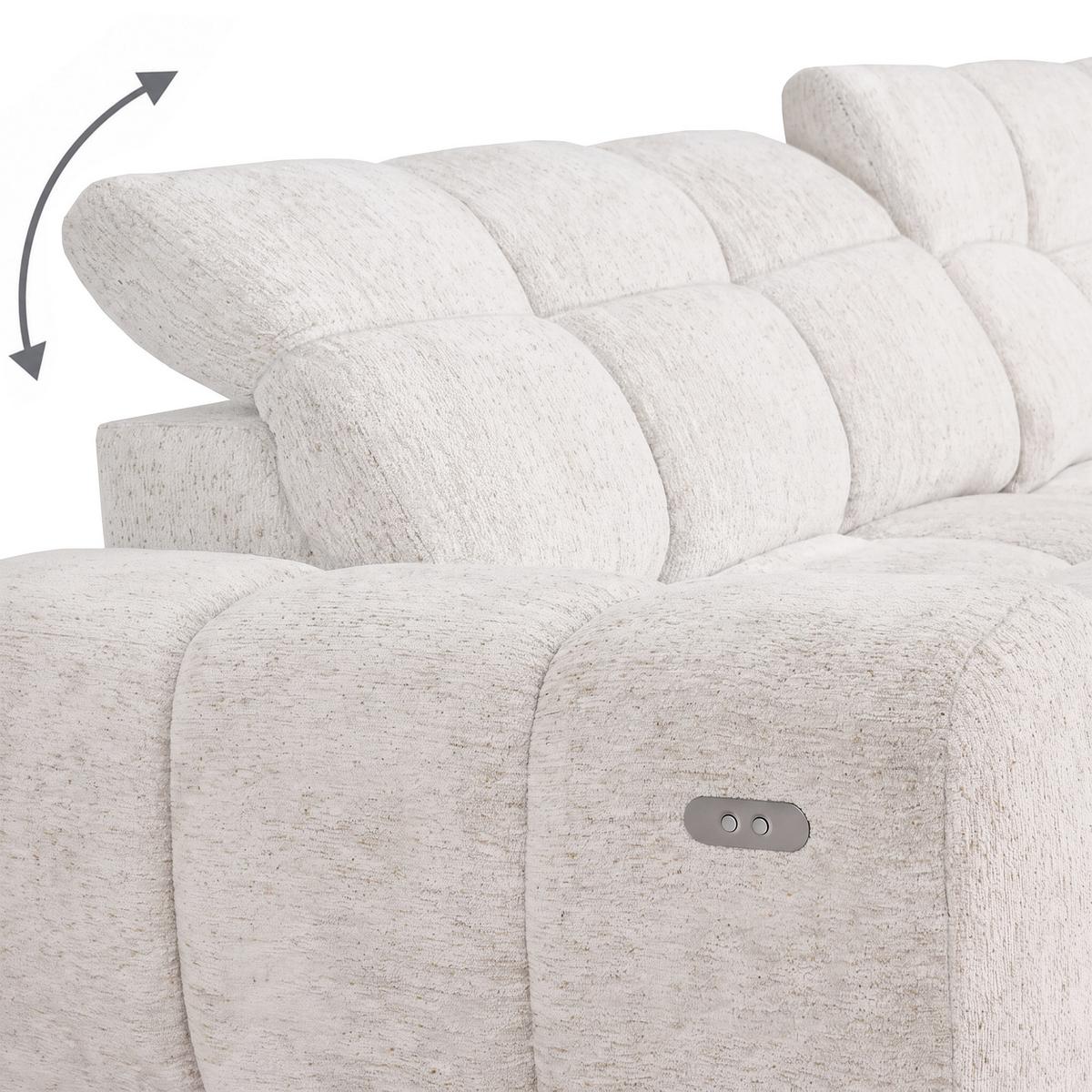 ECKSOFA Marco Mini mit elektrisch ausfahrbarem Sitz und verstellbaren Kopfstützen, Links, Chenille-Stoff, Creme - Creme/Schwarz, Textil (275/182cm) - Beautysofa