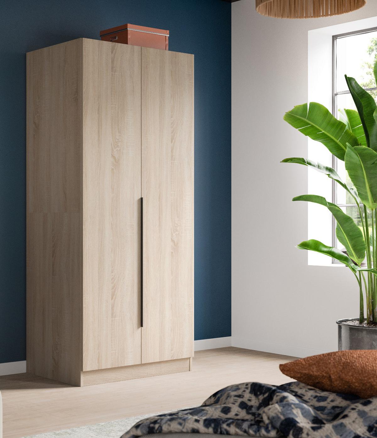 KLEIDERSCHRANK Eiche Sonoma 2-türig 80 x 181 cm, Drehtürenschrank mit zusätzlichen Einlegeböden - Eichefarben/Schwarz, Holzwerkstoff/Kunststoff (80/181/52cm) - Inn.Furn