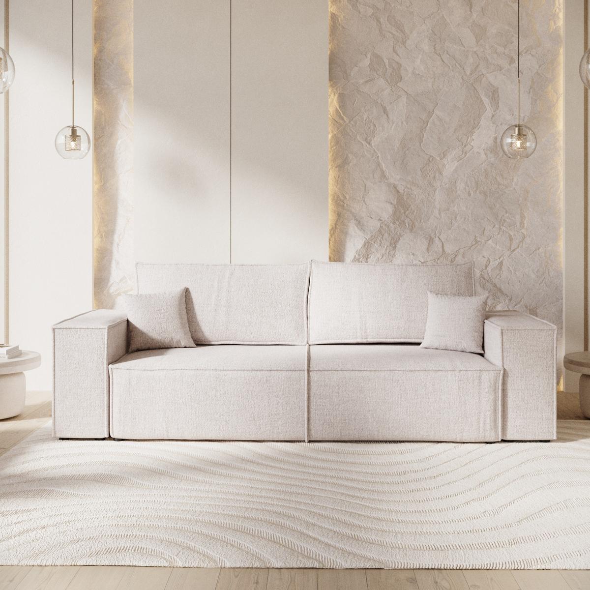 SOFA RESSO mit Schlaffunktion Hellbeige im Neve Stoff - Sandfarben/Schwarz, Holz/Holzwerkstoff (255/70/105cm) - AltaBeds
