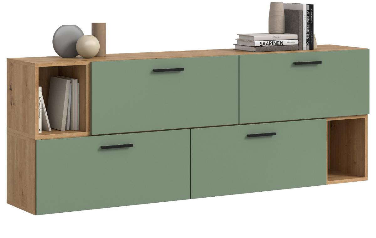 SIDEBOARD grün, Eiche Artisan 176 cm, Kommode hängend / stehend - Schwarz/Eiche Artisan, Holzwerkstoff/Kunststoff (176/65/34cm) - Inn.Furn