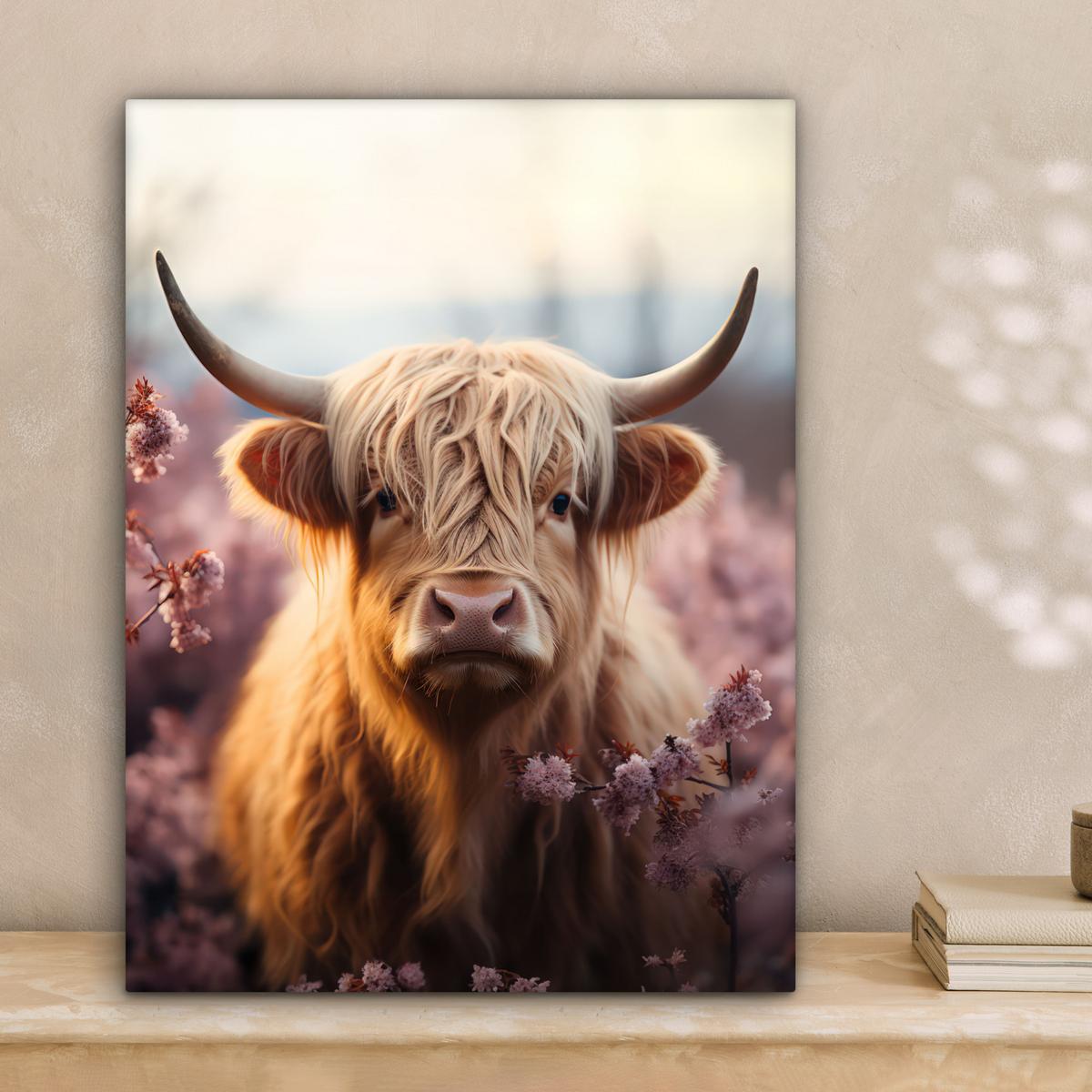 LEINWANDBILD Schottischer Hochländer - Frühling - Hochland Room Decor 30x40 cm - Hellrosa, Textil (30/40cm) - MuchoWow