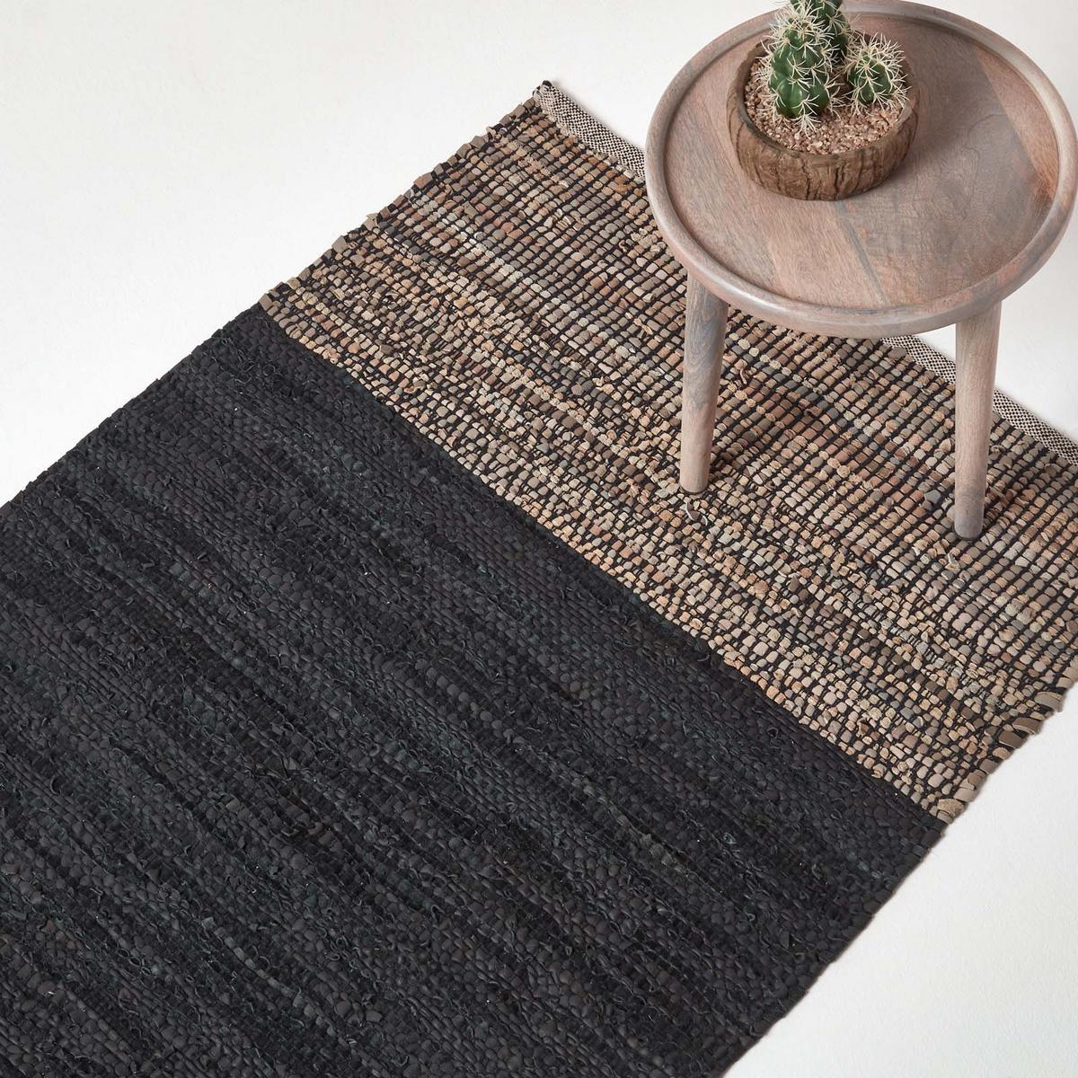 LEDERTEPPICH mit Webmuster 150/240 cm - Schwarz, Leder (150/240cm) - Homescapes