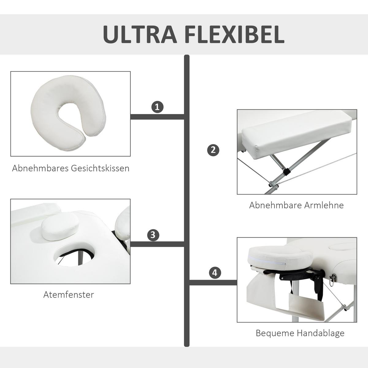 MASSAGELIEGEN höhenverstellbarer Massagetisch Massagebett Aluminium Kunststoff - Weiß, Metall (81/84/215cm) - HOMCOM