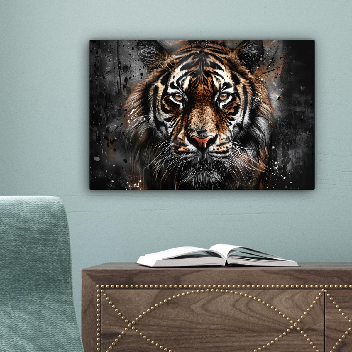 LEINWANDBILD Tiger - Tiere - Porträt - Luxus - Schwarz Deko Schlafzimmer 30x20 cm - Anthrazit, Textil (30/20cm) - MuchoWow