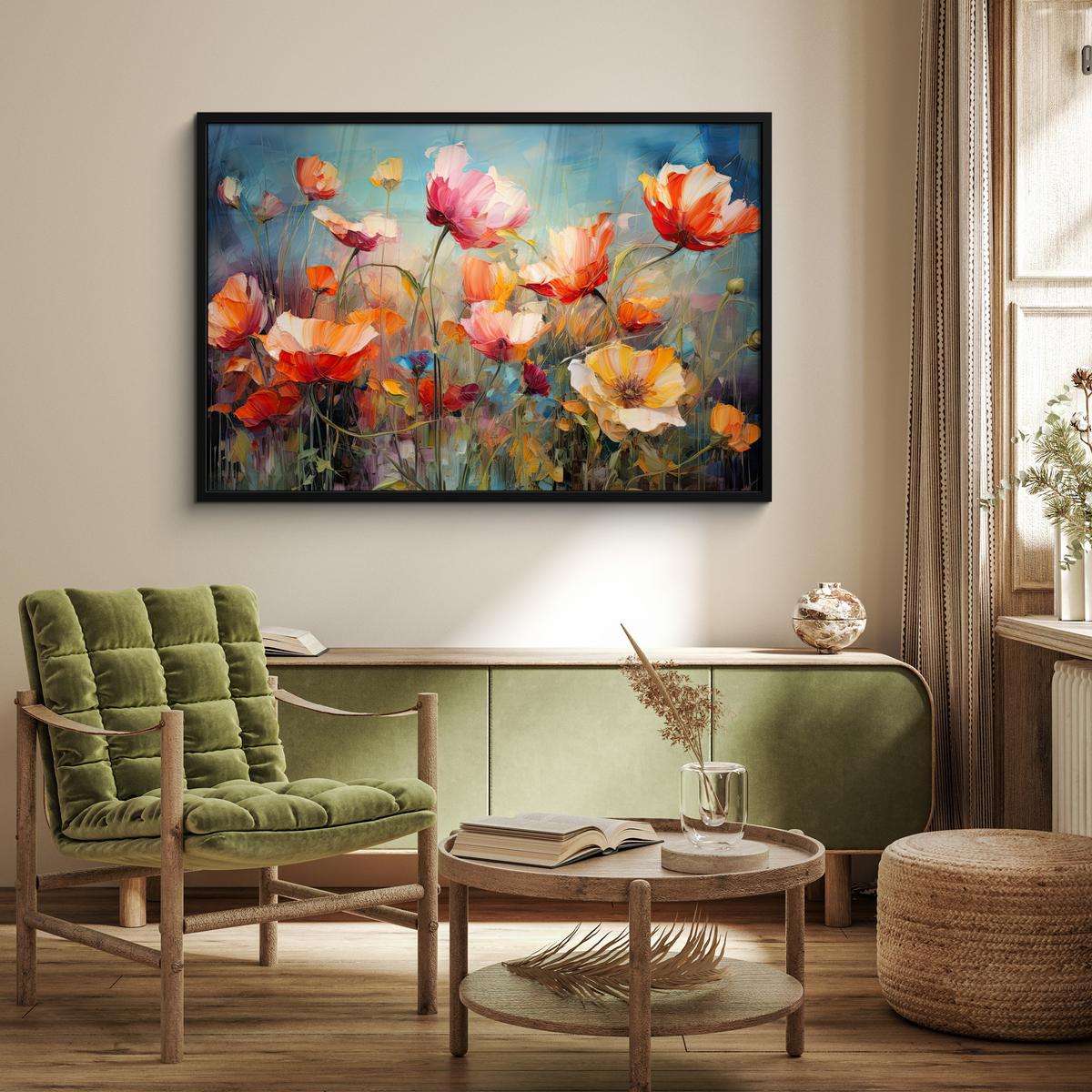 POSTER MIT RAHMENGERAHMTES BILD Blumen - Aquarell - Kunst - Botanisch - Natur 120x80 cm - Orange, Papier (120/80cm) - MuchoWow