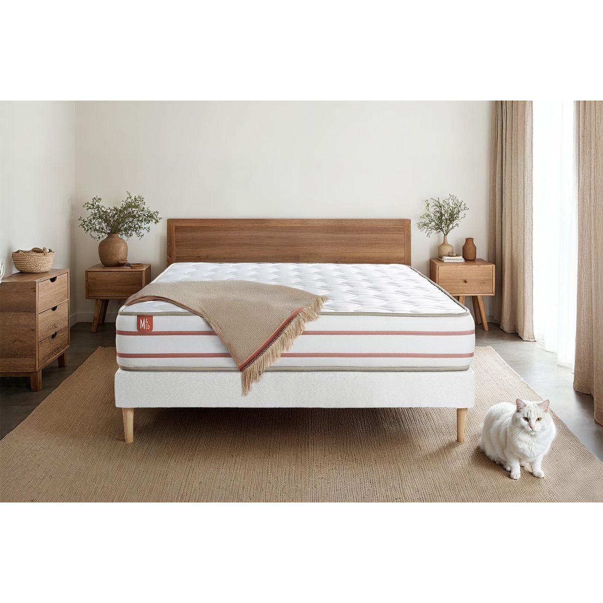 BETT Le Doux Memory-Schaum 160 x 200 cm h4 - Kit Bettgestell Weiß - Mit Kissen und Bettdecke - Beige/Weiß, Karton/Holz (160/200cm) - Marmottes & Co