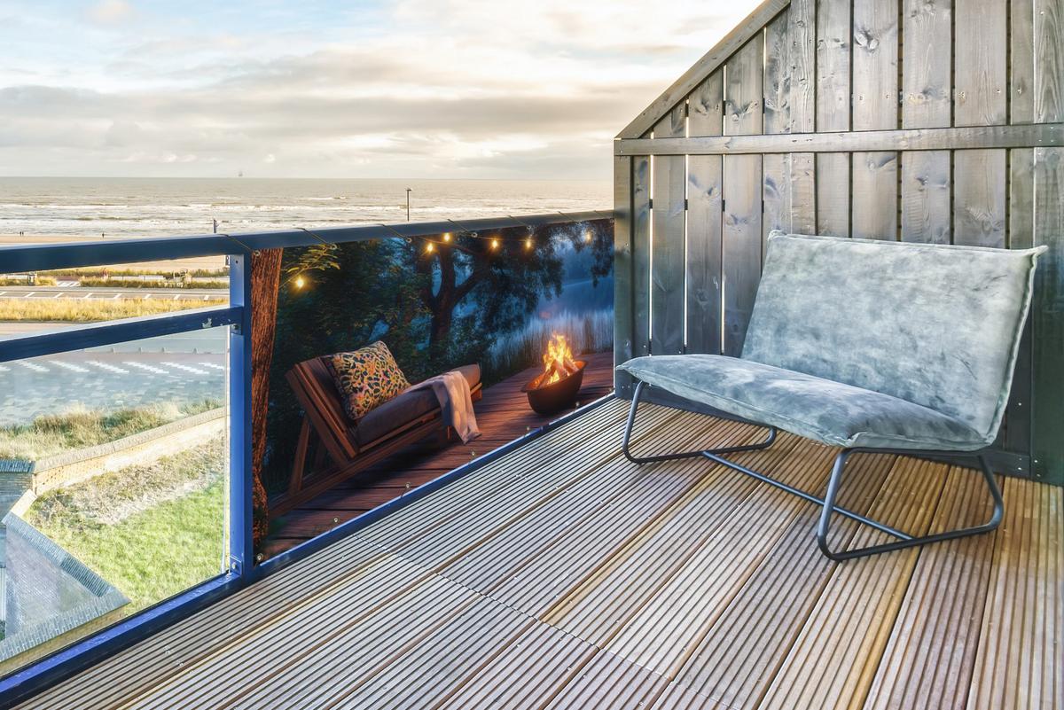 BALKON-SICHTSCHUTZ Lagerfeuer - See - Abendlicht Witterungsbeständig 200x110 cm - Dunkelblau, Kunststoff (200/110cm) - MuchoWow