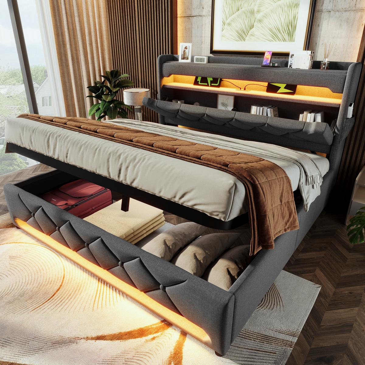 BETT mit Stauraum und LED 180/200 cm - Grau, Holzwerkstoff/Textil - Urban Meuble