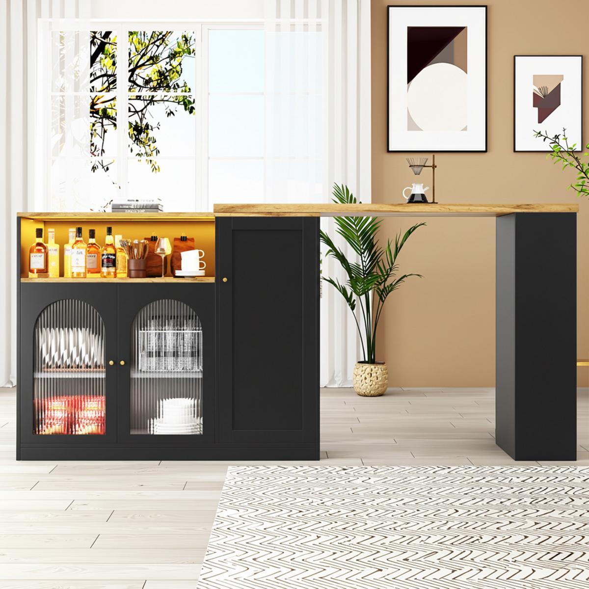 BARTISCH 360° Drehbar Schwarz & Holzoptik Barset mit LED, Glasschrank & Stauraum - Schwarz, Holzwerkstoff (39.6/197/100cm) - Urban Meuble