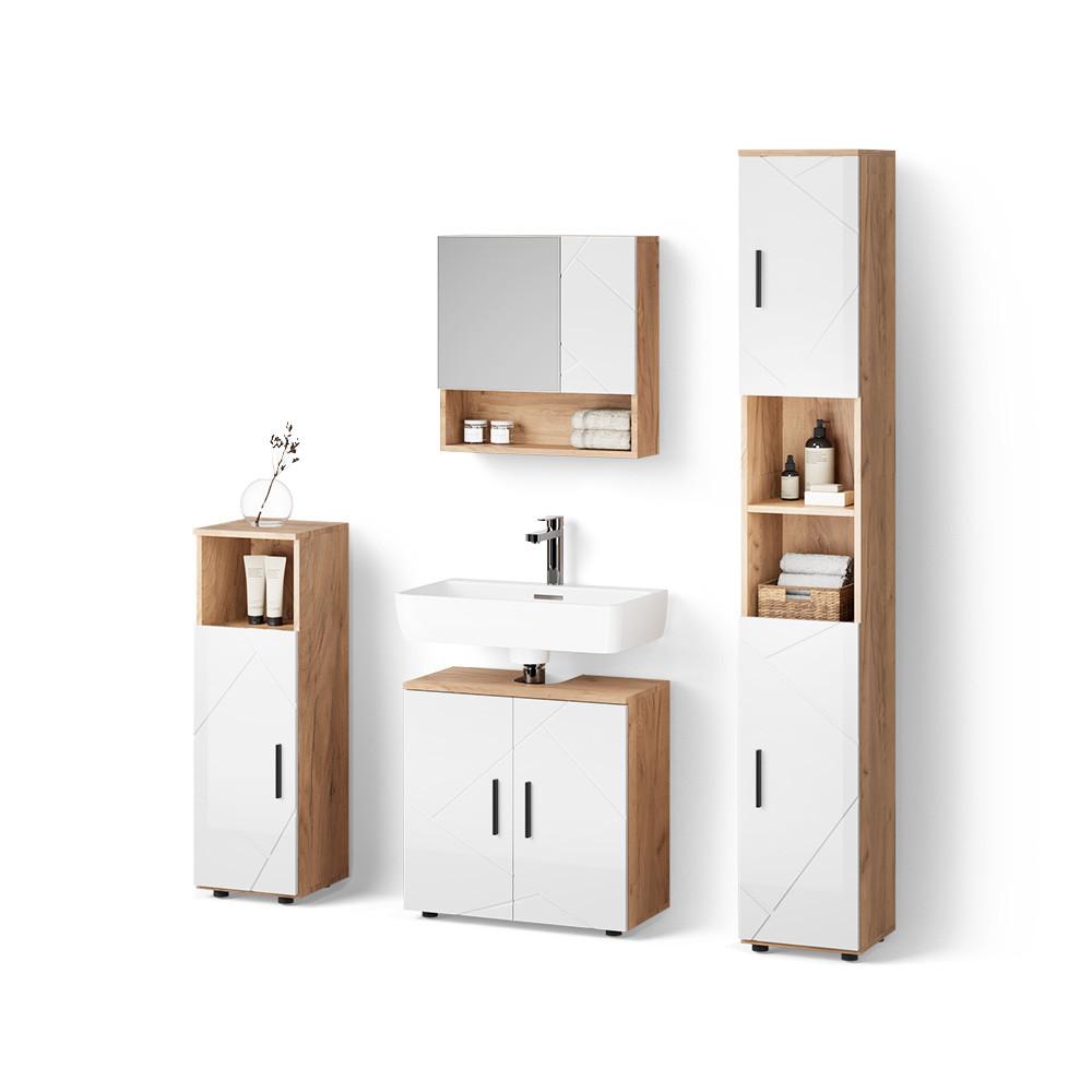 BADMÖBEL-SET Ronco Weiß Hochglanz/Goldkraft Eiche 4 Teile, mit Hochschrank - Honigeiche/Weiß Hochglanz, Holzwerkstoff (60/59/30cm) - Livinity®