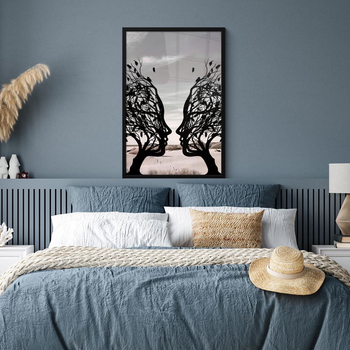 POSTER MIT RAHMENGERAHMTES BILD Strand - Meer - Menschen - Baum - Moderne Kunst 60x90 cm - Hellgrau, Papier (60/90cm) - MuchoWow