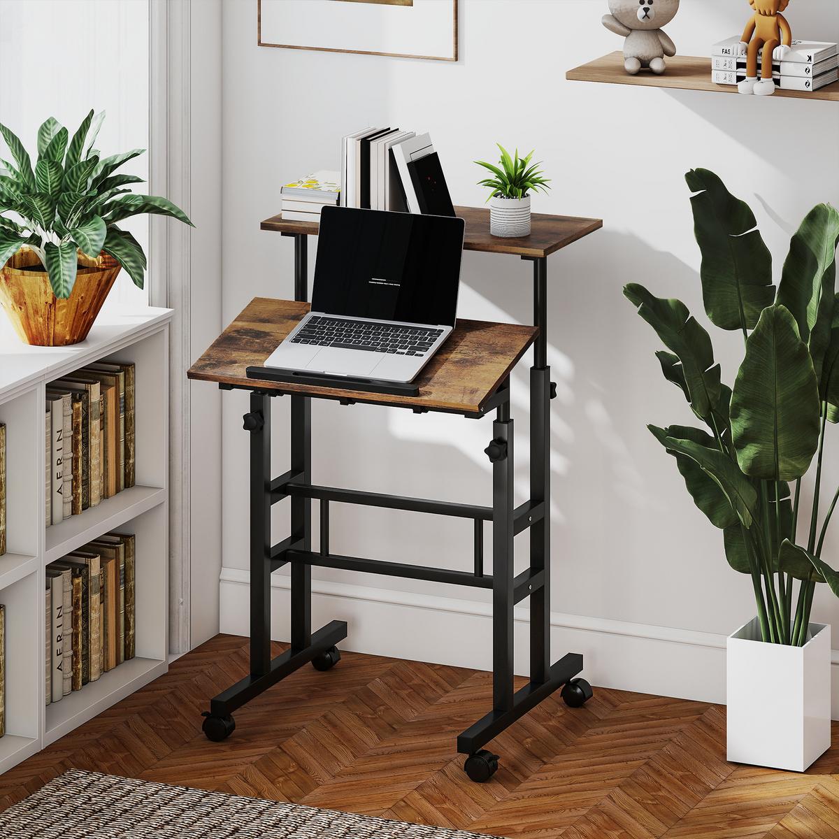 SCHREIBTISCH Höhenverstellbar Küchentisch mit Regal Rollen Rustikal Braun - Schwarz/Braun, Holzwerkstoff/Metall (60/60/120cm) - HOMCOM