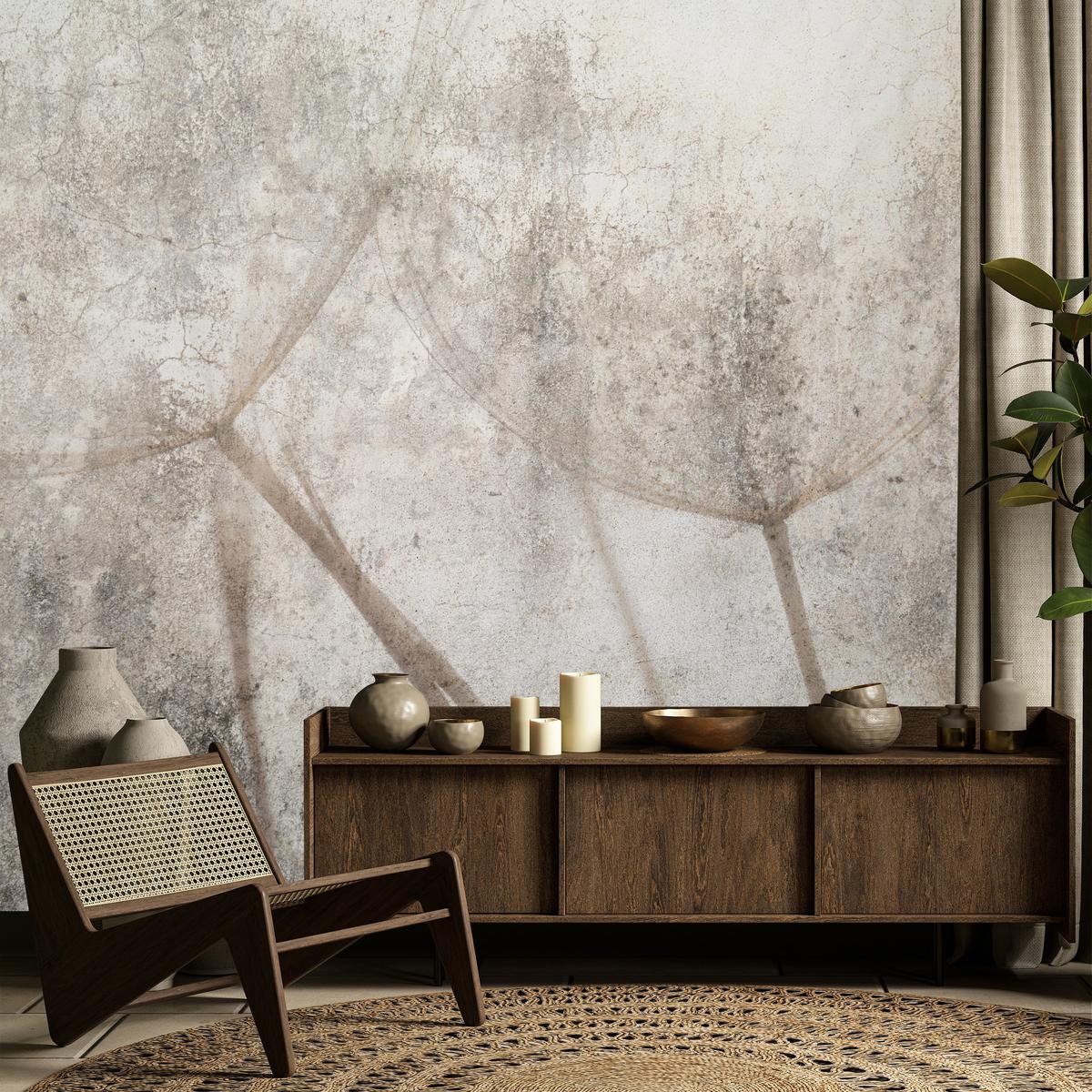 FOTOTAPETE für Wohnzimmer Zarter Skizze Löwenzahn Grauer Beton Minimalistisch 150x105 - Beige/Braun, Papier (150/105cm) - Muralo