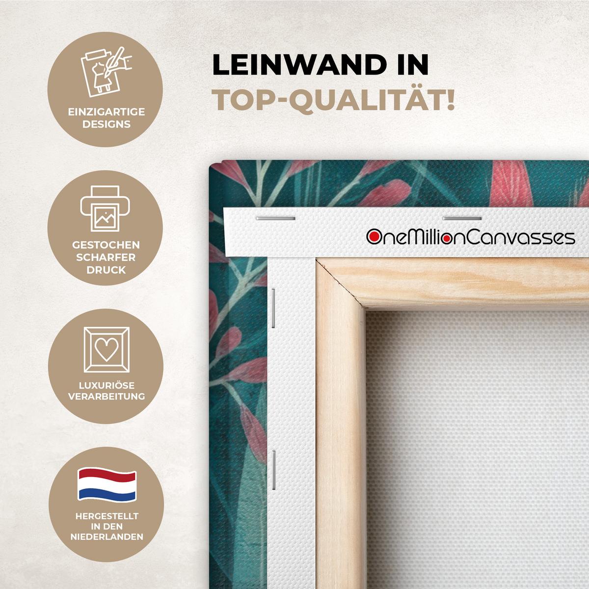LEINWANDBILD Kakadu - Tropische Blätter - Zweig Wandbild Wohnzimmer 60x80 cm - Petrol, Textil (60/80cm) - MuchoWow