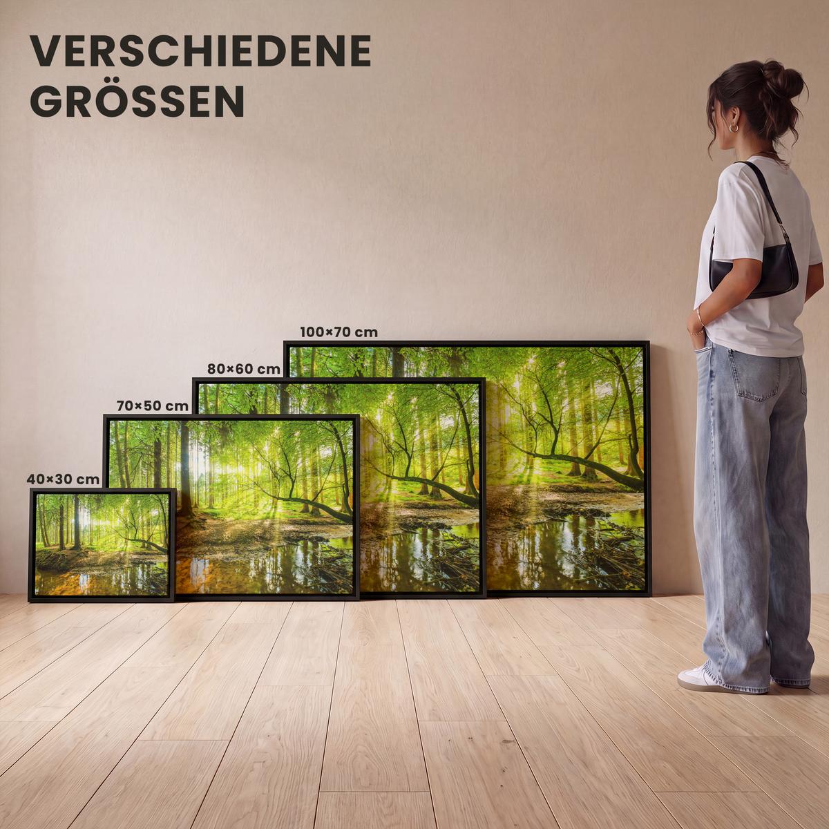 LEINWAND Bilder mit Rahmen - Wald - Landschaft - Wasser - Bäume - Sonne - Grün - Natur - 80x60 - Grün, Textil (80/60cm) - MuchoWow