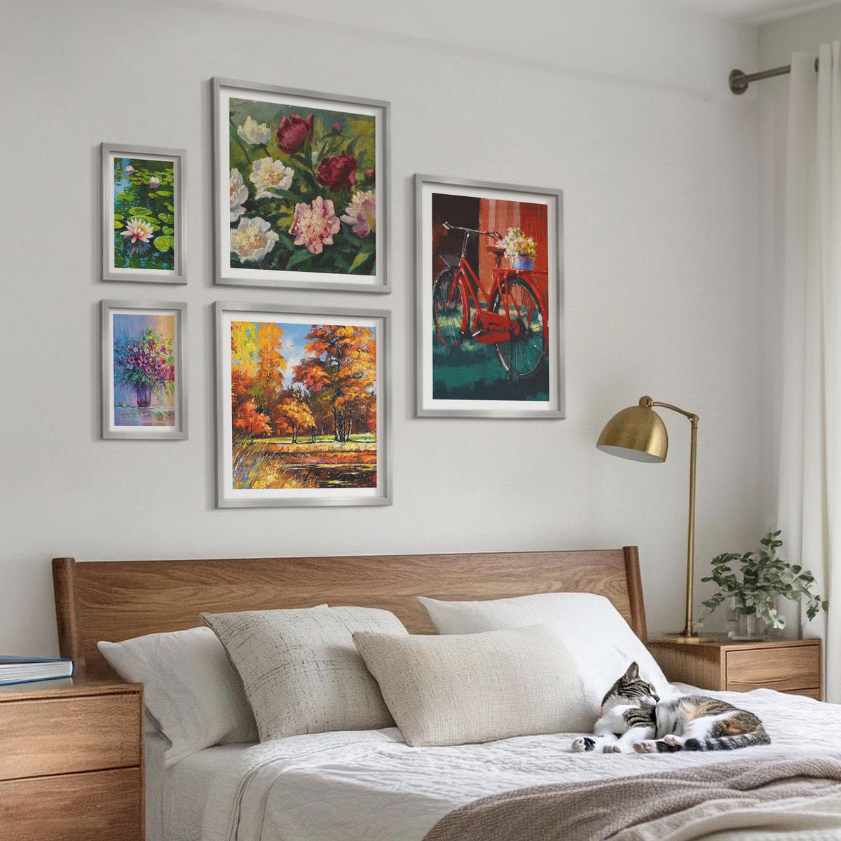 BILDER SET 5er Set - 50x50 cm & 20x30 cm & 40x60 cm Silberner Rahmen - Seerosen, Fahrradblumen - Silberfarben, Kunststoff (40/60cm) - TULUP
