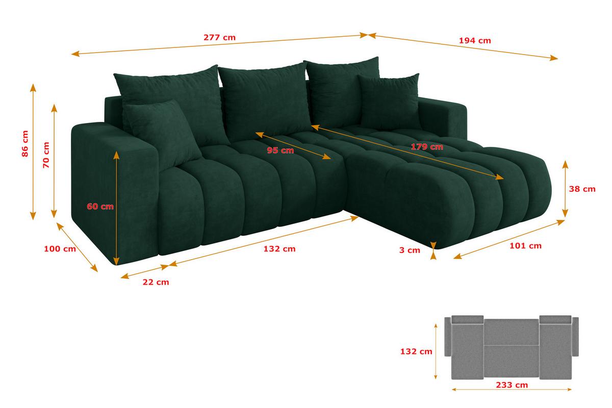 ECKSOFA mit Schlaffunktion Ottomane Rechts MILA-L-v1 277x195x86 Grün Velours - Schwarz/Grün, Holzwerkstoff/Kunststoff (277/194cm) - ALTDECOR