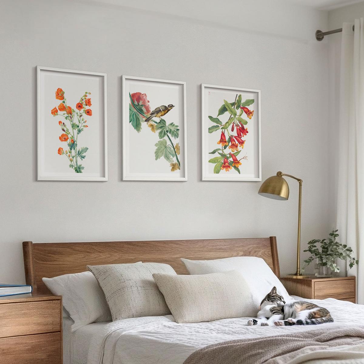 BILDER SET 3er Set - 40x60 cm Weißer Rahmen - Gemalte Blumen und ein Vogel - Weiß, Kunststoff (40/60cm) - TULUP
