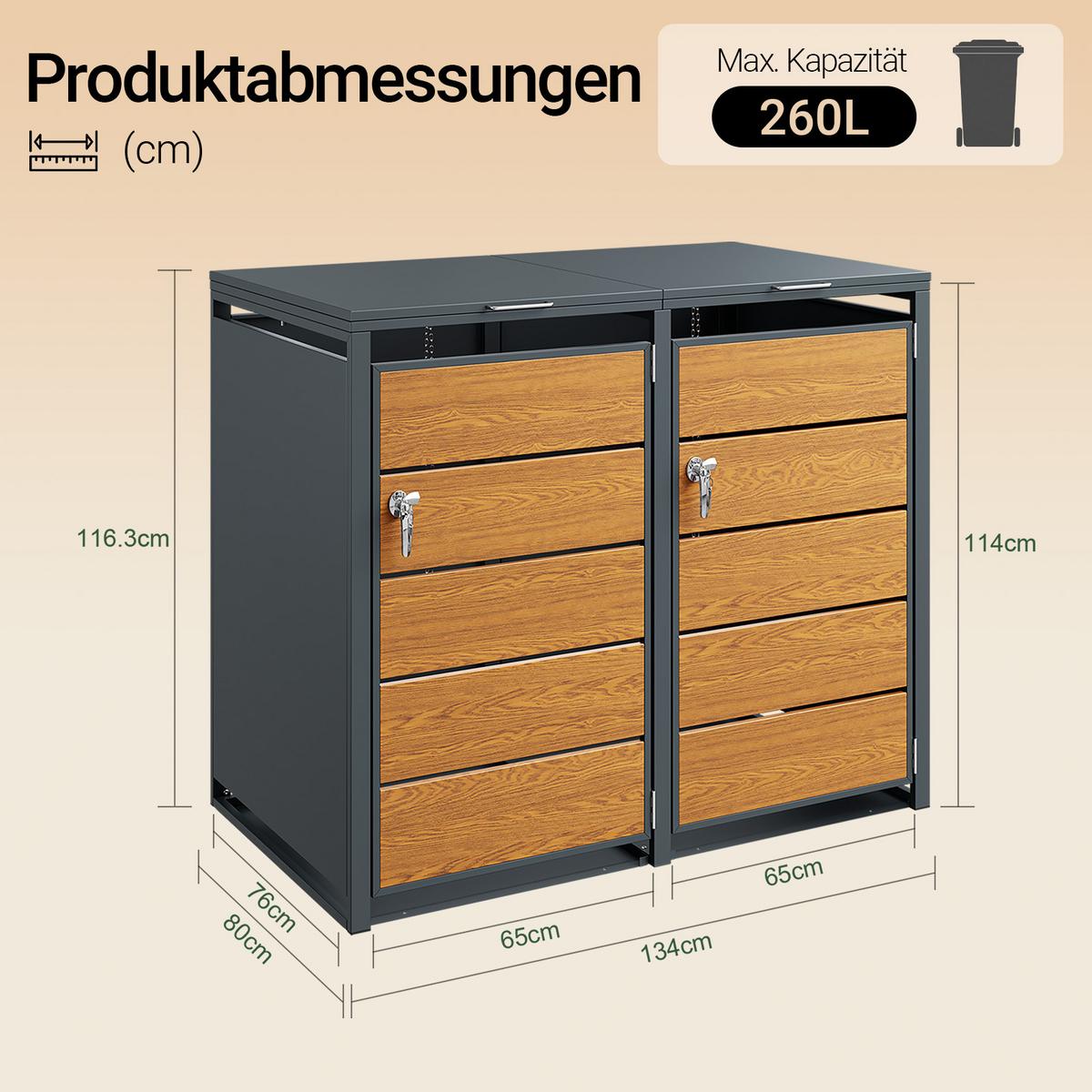 MÜLLTONNENBOX 2er 480L Metall Mülltrennung 134,2x116,2x80,2 cm - Naturfarben, Metall (134/116/80cm) - SoBuy
