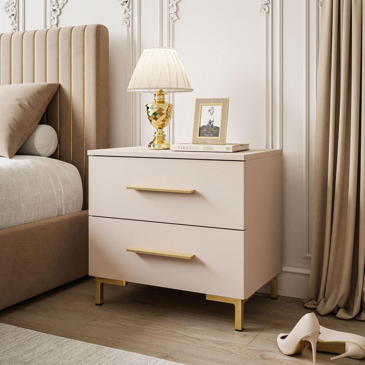 NACHTTISCH LINA KASCHMIR mit LED-Beleuchtung, goldenen Beinen und Griffen - Kaschmir/Goldfarben, Holzwerkstoff (55/52/37cm) - Lookway