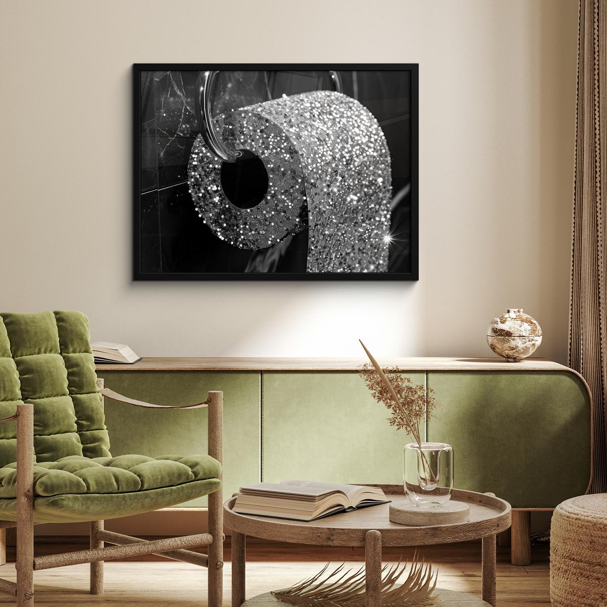 POSTER MIT RAHMENGERAHMTES BILD WC - Toilettenpapier - Schwarz und weiß - Glitter 80x60 cm - Silberfarben, Papier (80/60cm) - MuchoWow