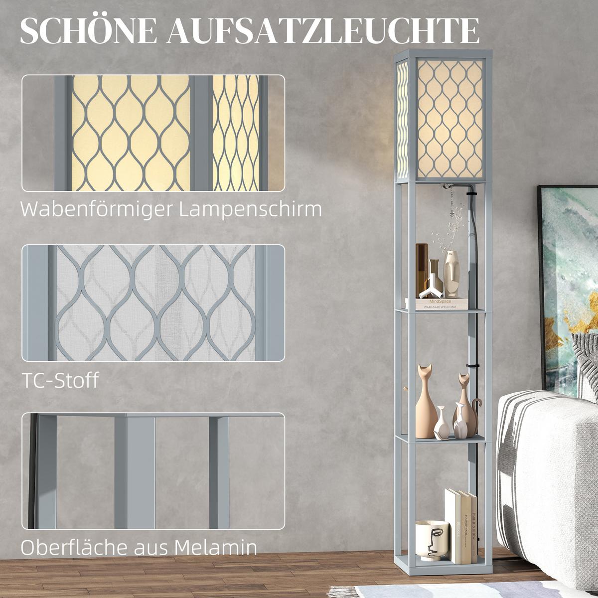 STEHLAMPE Dimmbar mit Regal E27 Fassung Hellgrau - Multicolor, Holzwerkstoff (26/26/160cm) - HOMCOM