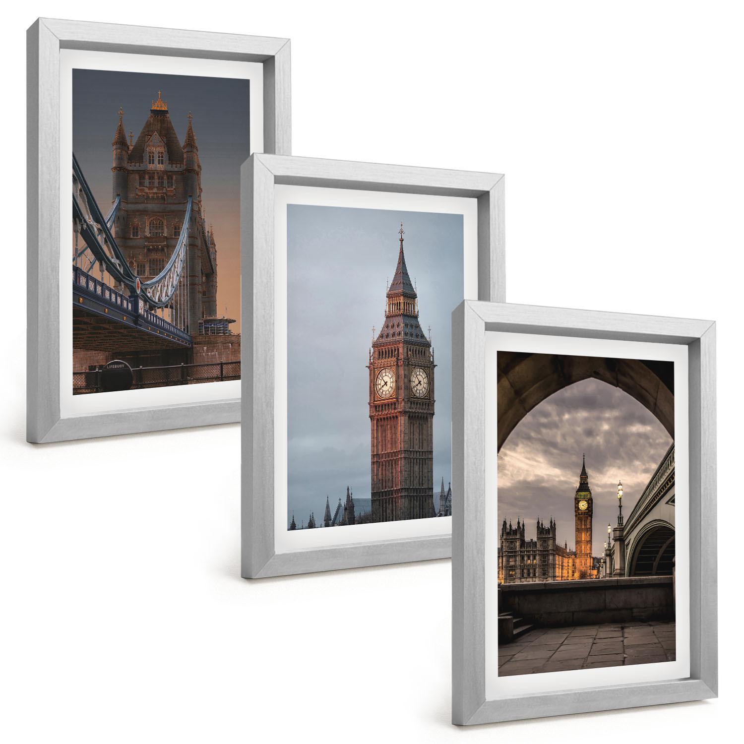 BILDER SET 3er Set - 20x30 cm Silberner Rahmen - London Bridge Big Ben Uhr - Silberfarben, Kunststoff (20/30cm) - TULUP