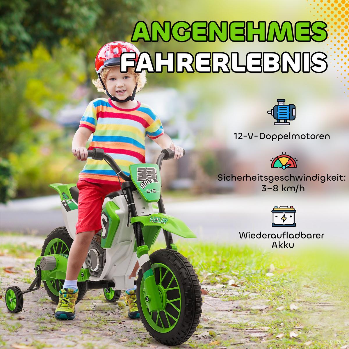 ELEKTROMOTORRAD Kindermotorrad Kinderfahrzeug Elektrofahrzeug Grün+Weiß - Grün, Kunststoff (106.5/51.5/68cm) - HOMCOM