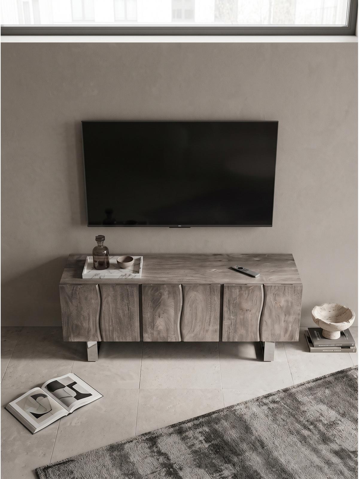 LOWBOARD GRIPSHOLM, Akazie Massivholz, handgefertigt, Akazie-Grau, 160 x 46 x 56 cm - Chromfarben/Grau, Holz/Metall (160/56/46cm) - KADIMA DESIGN