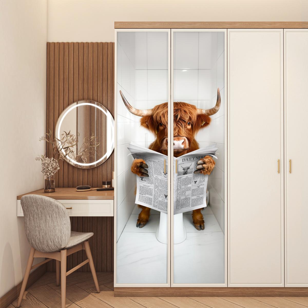 TÜRAUFKLEBER Scottish Highlander - Zeitung - WC - Tier 85x215 cm - Türtapete - Weiß, Kunststoff (85/0.1cm) - MuchoWow