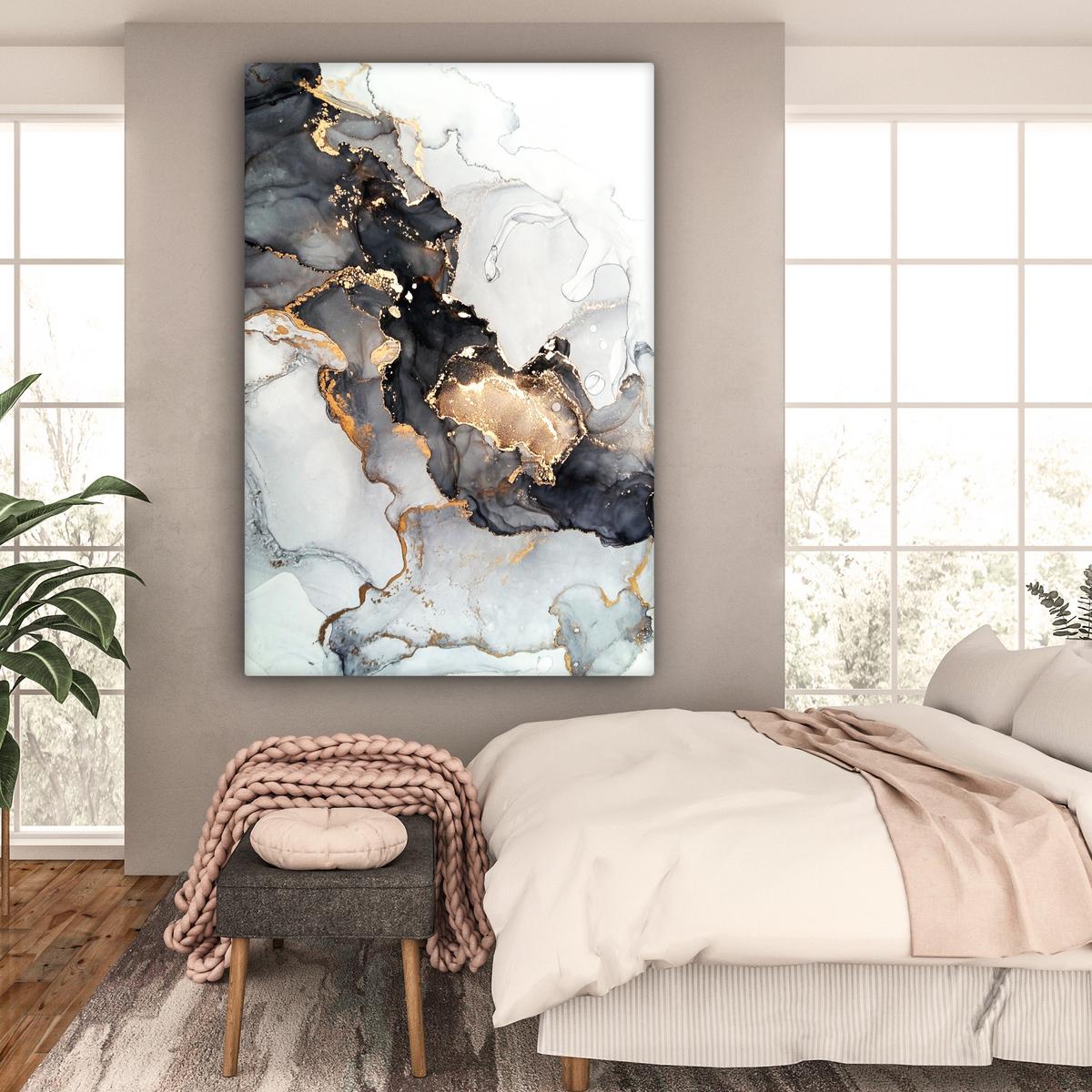 LEINWANDBILD Marmor - Schwarz - Weiß - Gold - Luxus - Abstrakt Deko Groß 90x140 cm - Goldfarben, Textil (90/140cm) - MuchoWow