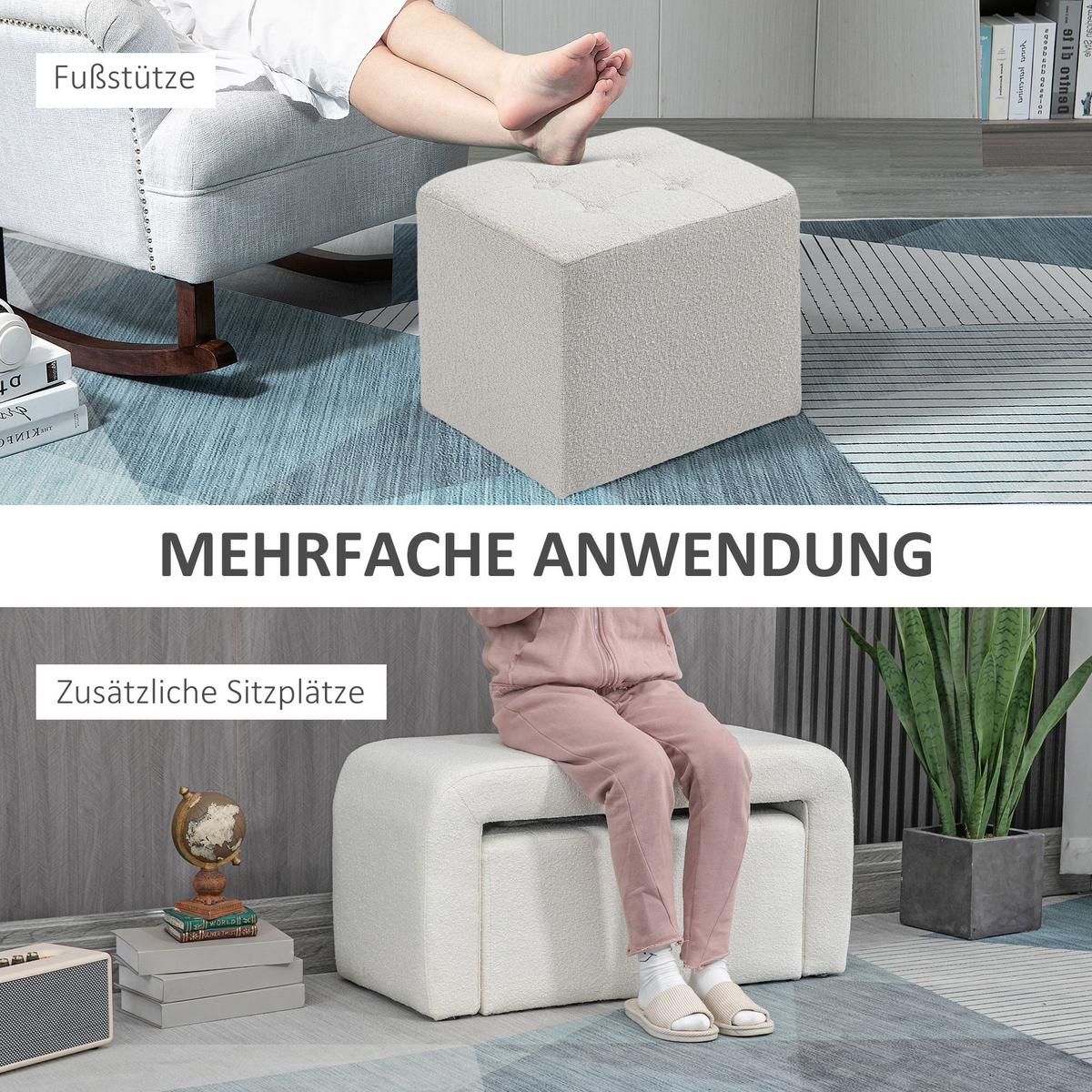FUSSHOCKER 3 tlg., Sitzhocker, Weiß - Weiß, Kunststoff (42.5/45/89cm) - HOMCOM