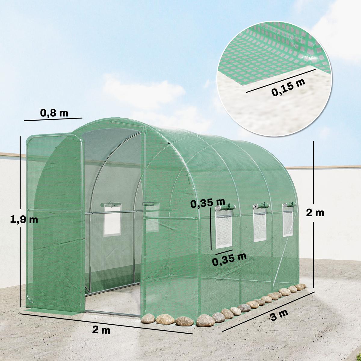 GEWÄCHSHAUS 3 x 2 x 2 m Foliengewächshaus mit Abschließbar Anschlag-Tür - Grün, Kunststoff (200/200/300cm) - Outsunny