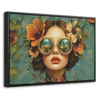 LEINWAND Bilder mit Rahmen - Frau - Blumen - Schmetterlinge - Natur - Vintage - 60x40 - Salbeigrün, Textil (60/40cm) - MuchoWow