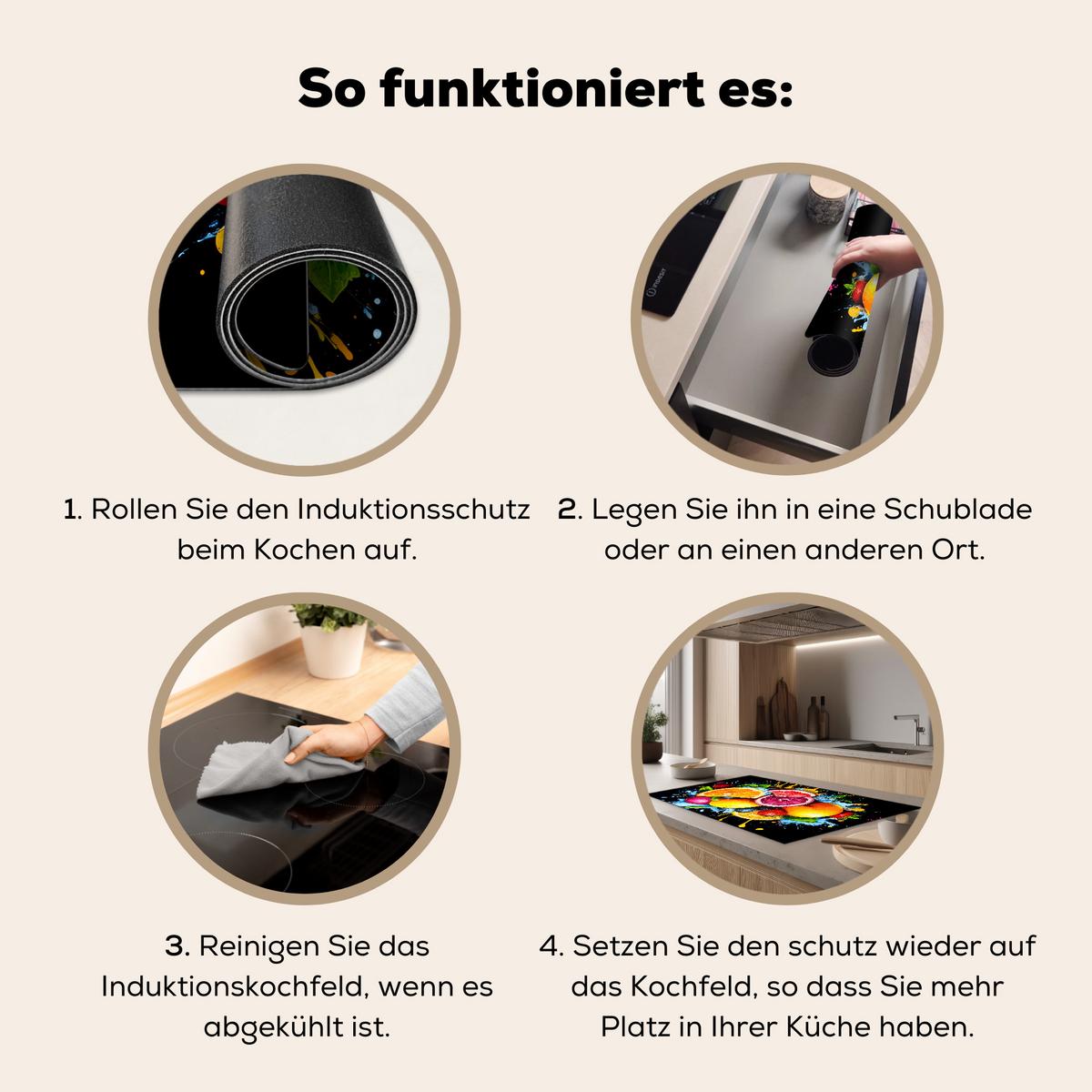 HERDABDECKPLATTE Obst - Graffiti - Bunt - Orange - Erdbeere - Abstrakt Induktionsschutz 91.6x52.7 cm - Orange, Kunststoff (91.6/52.7/0.2cm) - MuchoWow