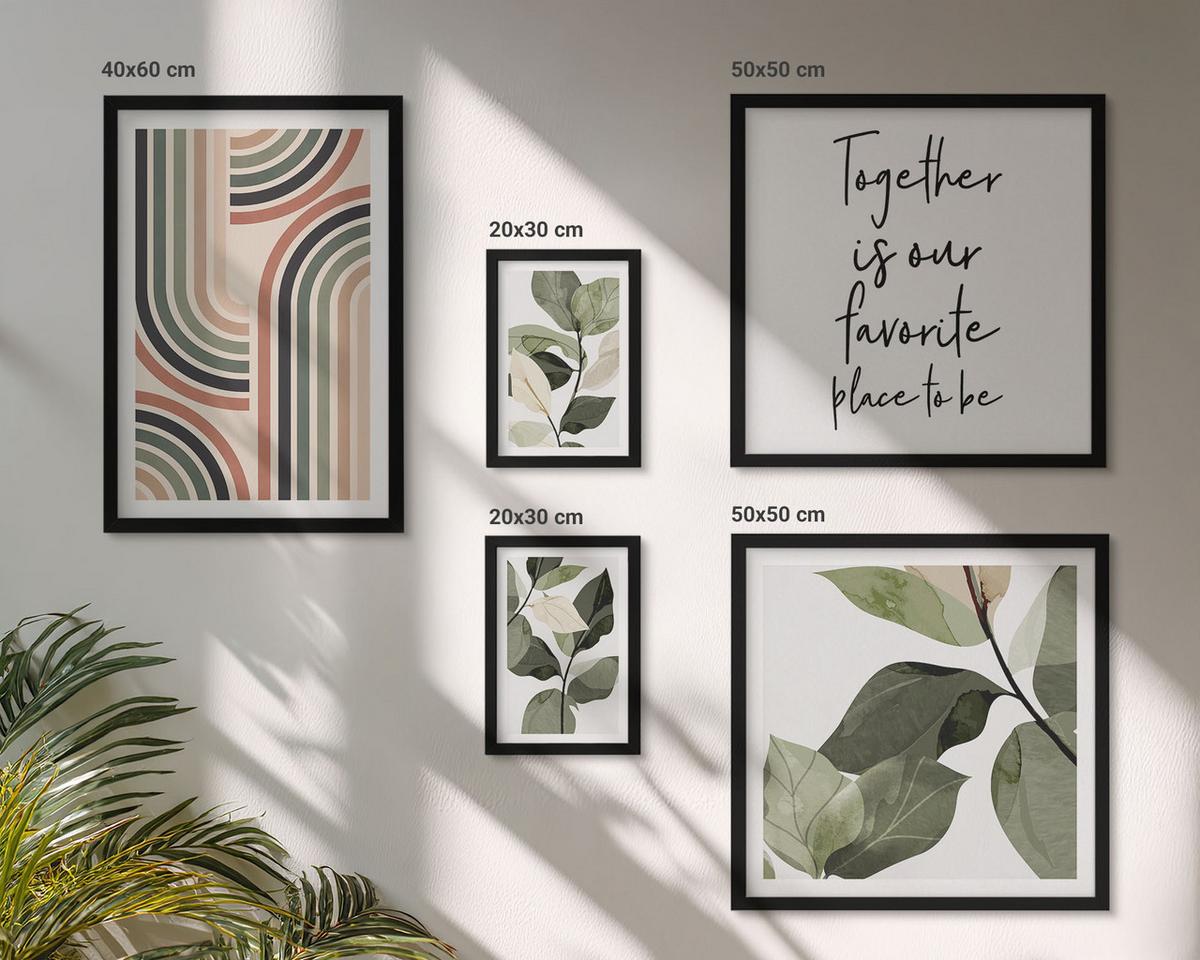 BILDER SET 5er Set - 50x50 cm & 20x30 cm & 40x60 cm Schwarzer Rahmen - Geometrische Pflanzenmotive - Schwarz, Kunststoff (40/60cm) - TULUP