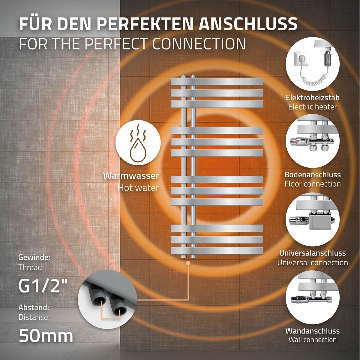 BADHEIZKÖRPER elektrisch Iron EM 500x1000 mm Chrome mit Heizstab 300W - Chromfarben, Metall (50/100/3cm) - LuxeBath