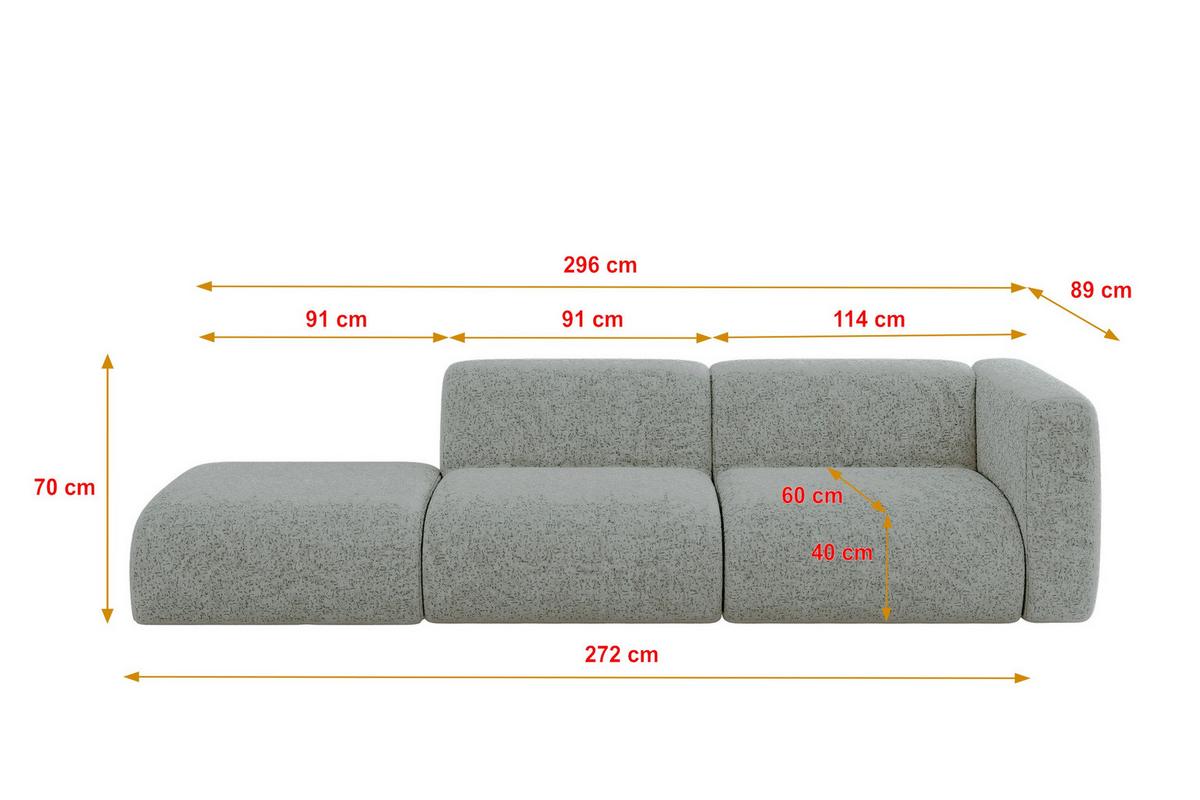 SOFA Ottomane Rechts MIRA-S3 296x89x70 Grün Velours - Schwarz/Hellgrün, Holzwerkstoff/Kunststoff (296/70/89cm) - ALTDECOR