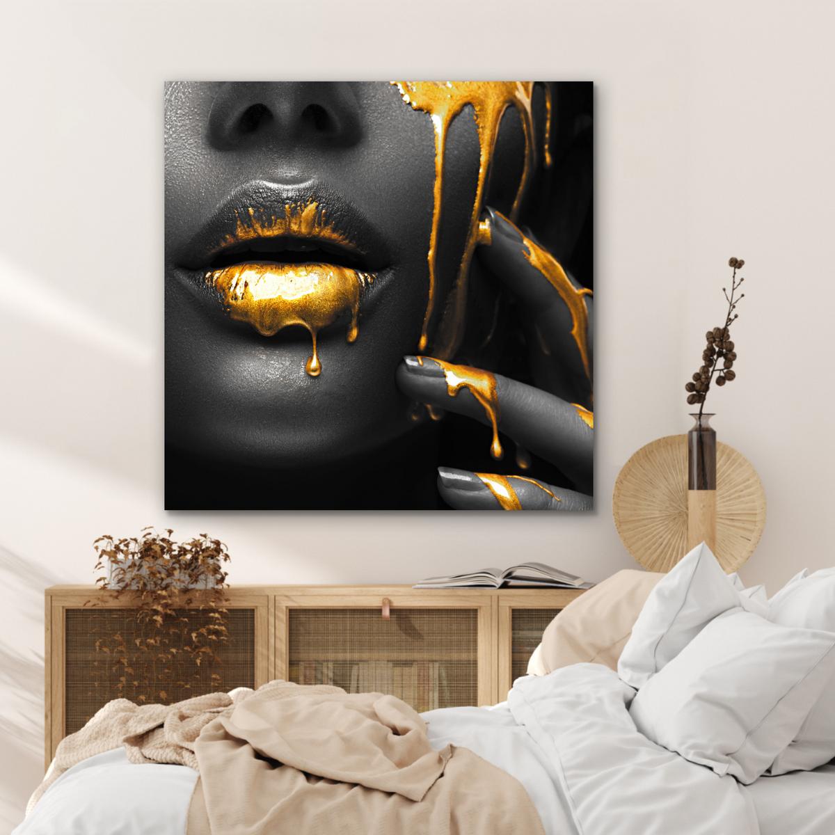 METALLBILD Frau - Schwarz - Gold - Gesicht - Lippen 90x90 cm - Goldfarben, Metall (90/90cm) - MuchoWow