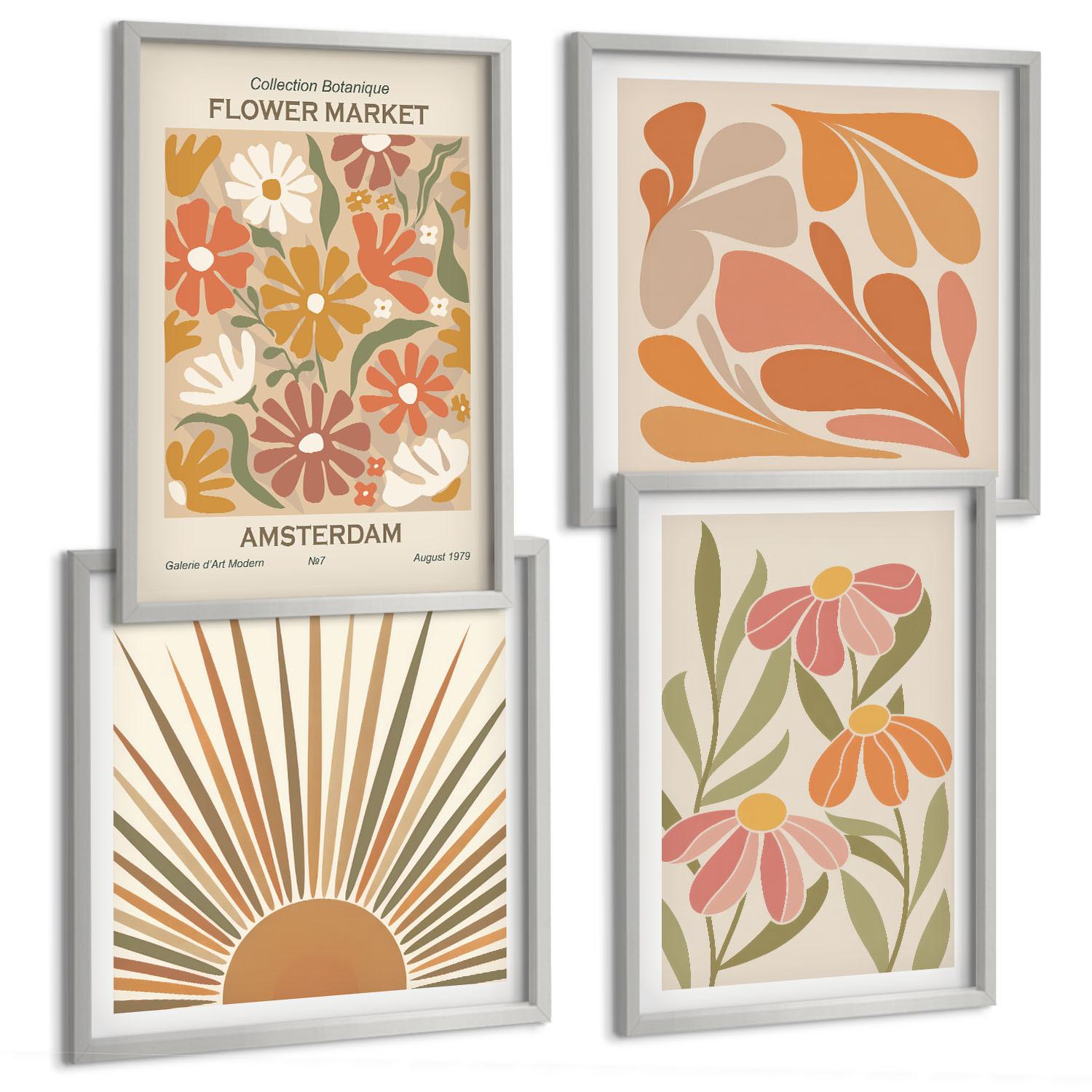 BILDER SET 4er Set - 50x50 cm & 40x60 cm Silberner Rahmen - Pastellfarbene Sonnenblumen - Silberfarben, Kunststoff (50/50cm) - TULUP