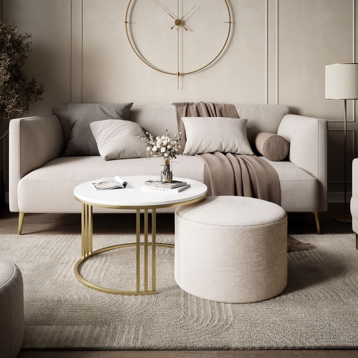 COUCHTISCH mit Hocker LORI Hochglanz gebürstetes Gold/weißer Glanz/Perfect Harmony 01 - Weiß, Metall (70/70/49cm) - Lookway