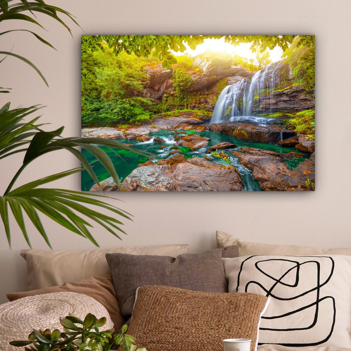 LEINWANDBILD Natur - Wasserfall - Pflanzen - Bäume - Sonne Gemälde 60x40 cm - Olivgrün, Textil (60/40cm) - MuchoWow
