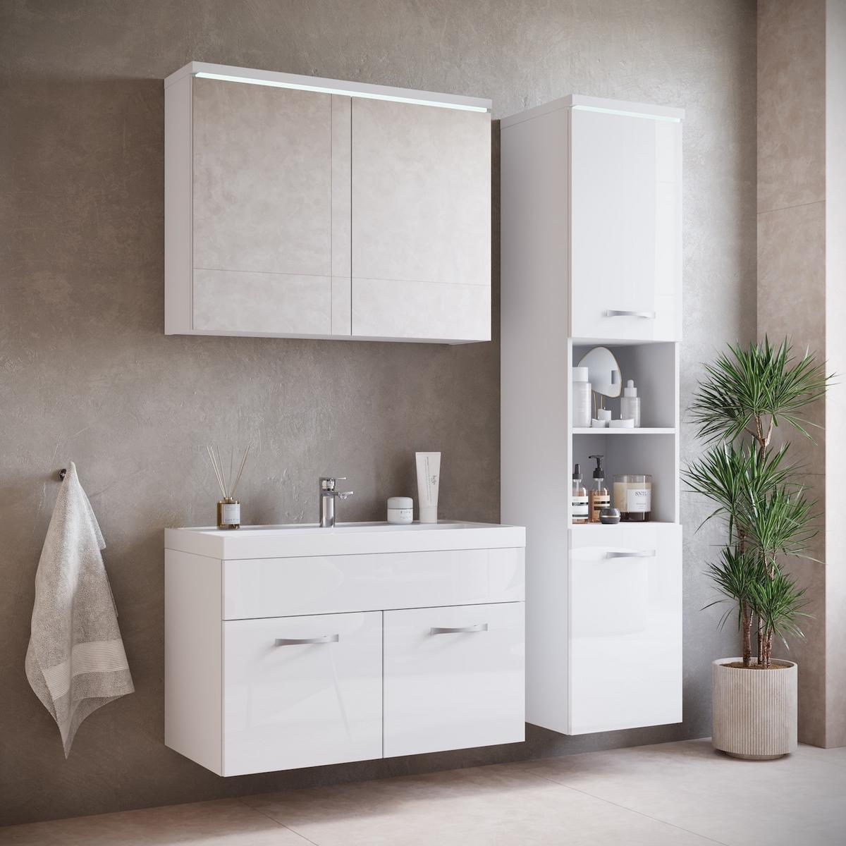 BADMÖBEL-SET Paso 2 Teile Weiß Hochglanz - 80 x 35 x 55 cm - Weiß, Holz (80/55/40cm) - Badplaats