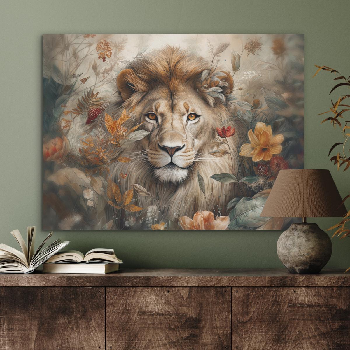 AKUSTIKBILD Löwe - Wildtiere - Pflanzen - Natur - Blumen Gemälde 80x60 cm - Beige, Kunststoff (80/60/0.9cm) - MuchoWow