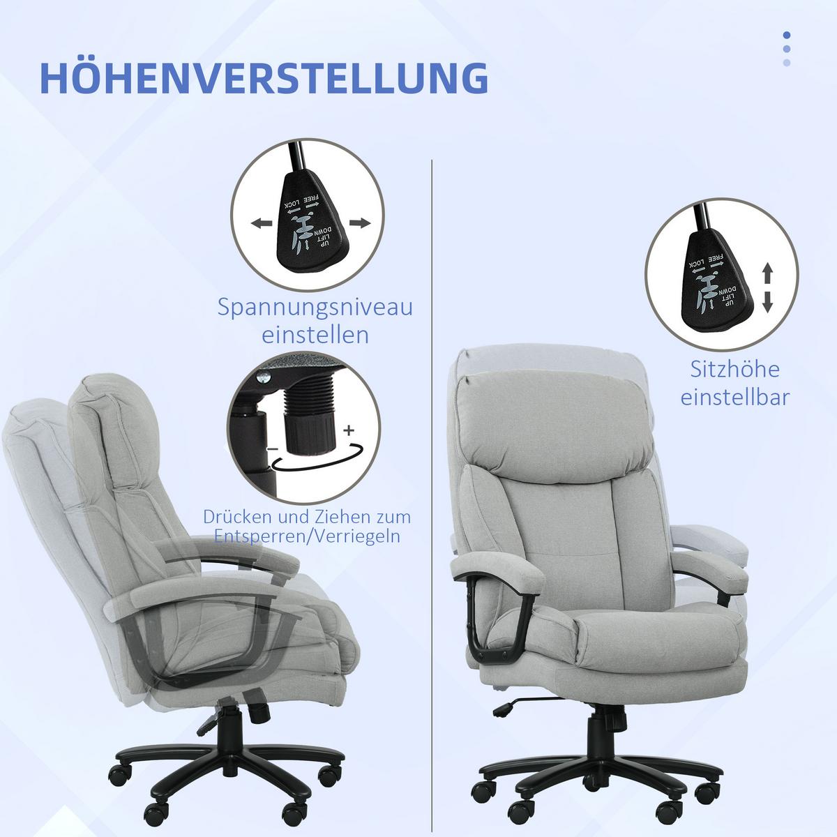 BÜROSTUHL, Ergonomisch Schreibtischstuhl mit Wippfunktion, Leinenoptik, Hellgrau - Hellgrau, Kunststoff (68.5/125/79cm) - HOMCOM