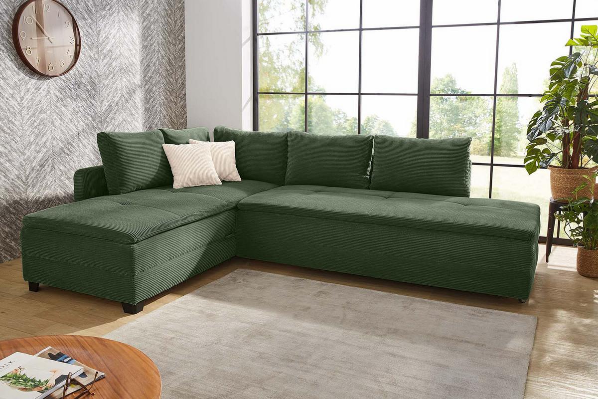 ECKSOFA-DAUERSCHLÄFER Doppelbett Boxspring Federkern Topper, seitenverkehrt montierbar B306/T223/H95 cm, Cord Grün / 15164 - Schwarz/Grün, Kunststoff/Textil (306/223cm) - luma-home