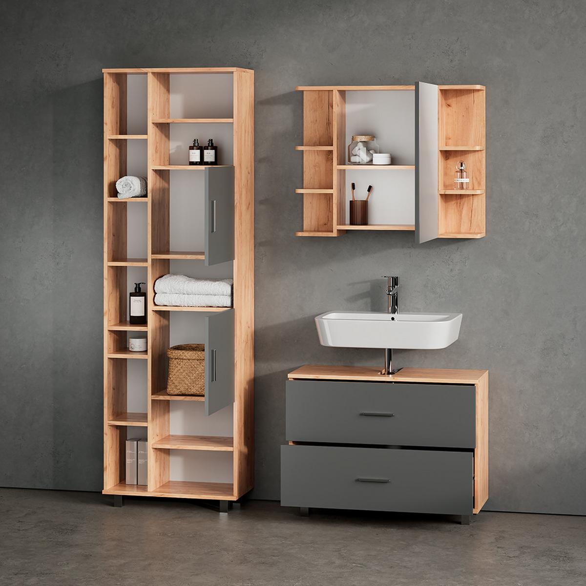 WASCHBECKENUNTERSCHRANK Eisak Anthrazit/Goldkraft Eiche 80 x 60.8 cm - Honigeiche/Anthrazit, Holzwerkstoff (80/60.8/33cm) - Livinity®