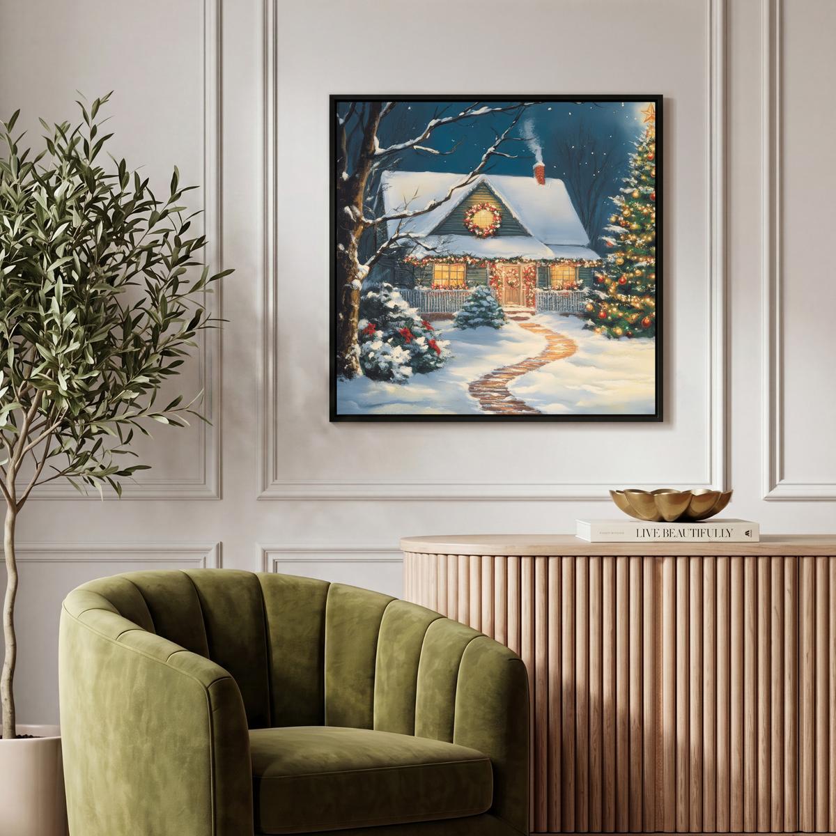 LEINWAND Bilder mit Rahmen - Weihnachten - Weihnachtsbaum - Winter - Zuhause - Schnee - 50x50 - Smaragdgrün, Textil (50/50cm) - MuchoWow