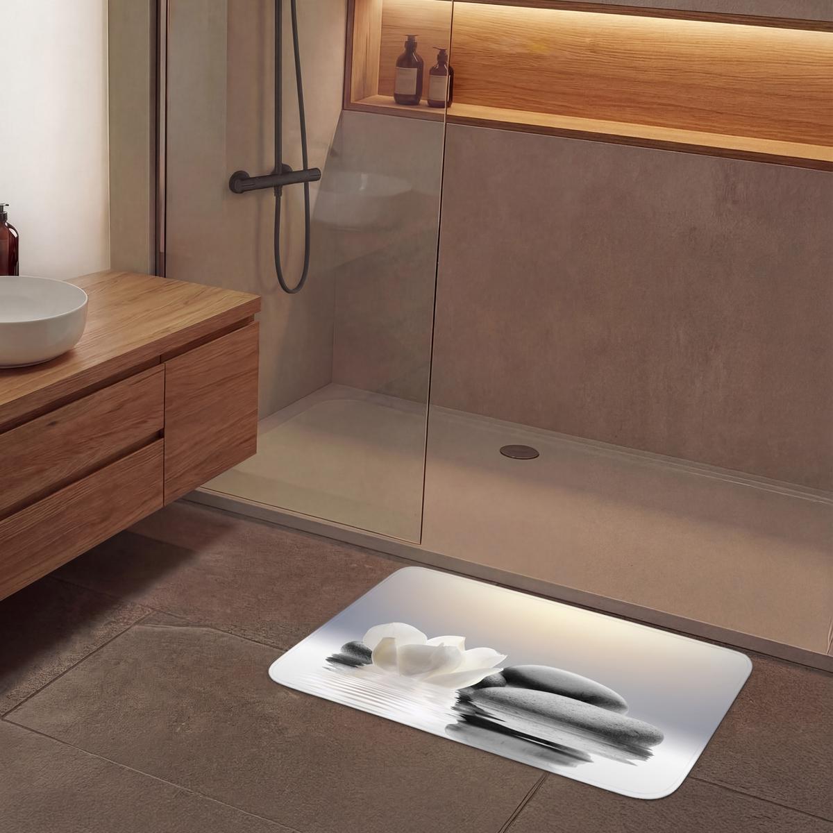 BADEMATTE Steine - Lotus - Weiß - Wasser - Zen 90x60 cm - Weiß, Textil (90/60cm) - OnlyWow