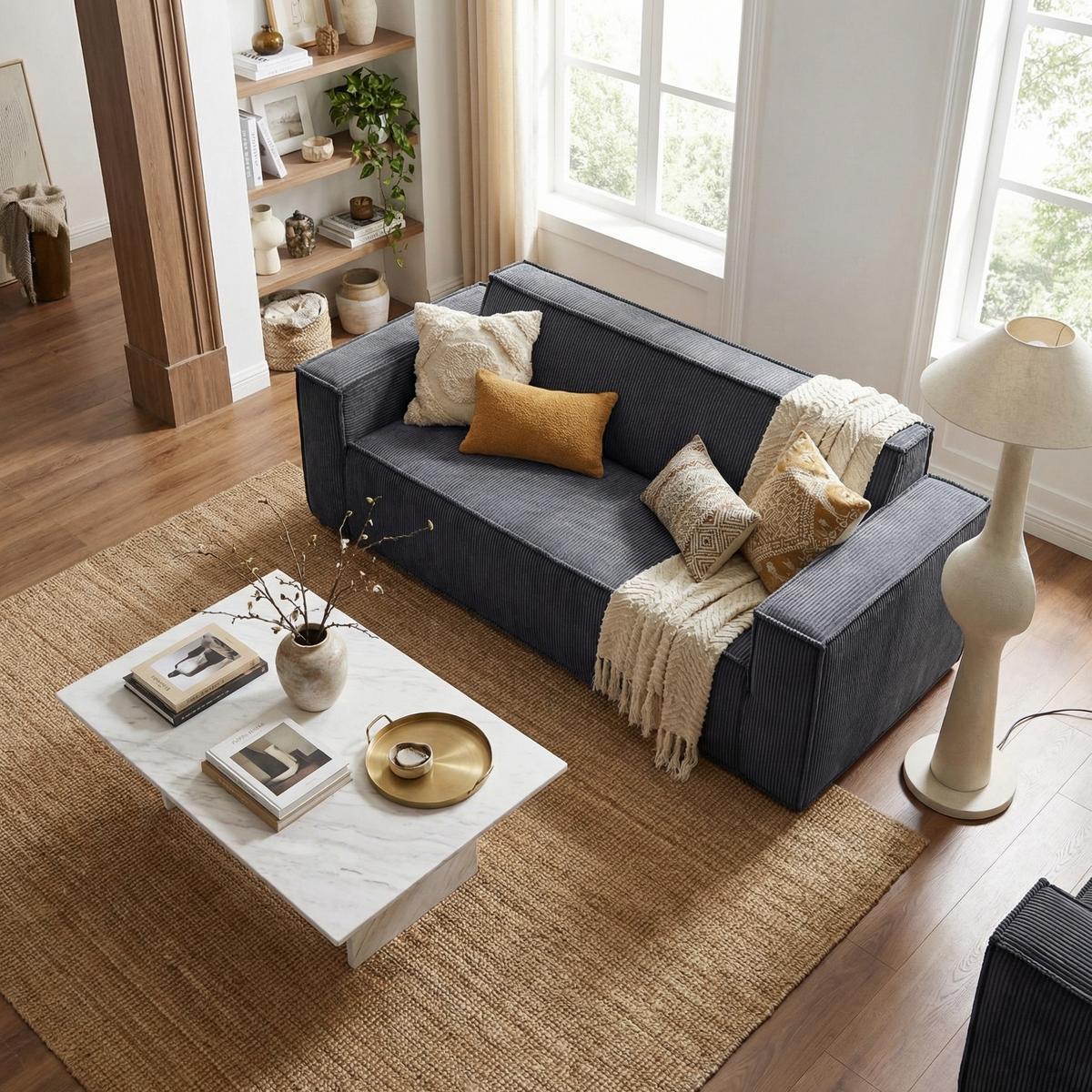 2-SITZER-SOFA Cord Grau mit Federkern, Montagefrei - Grau, Textil (178/70/86cm) - Urban Meuble